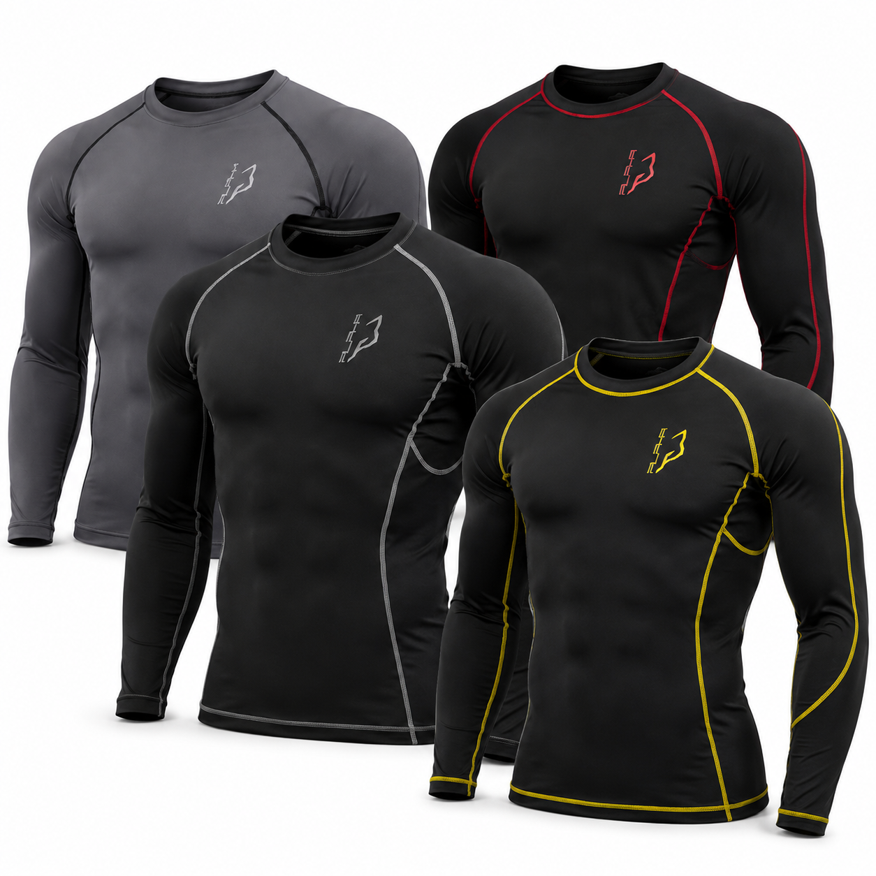 Men's compression shirts collection in black, gray, red, and yellow. 