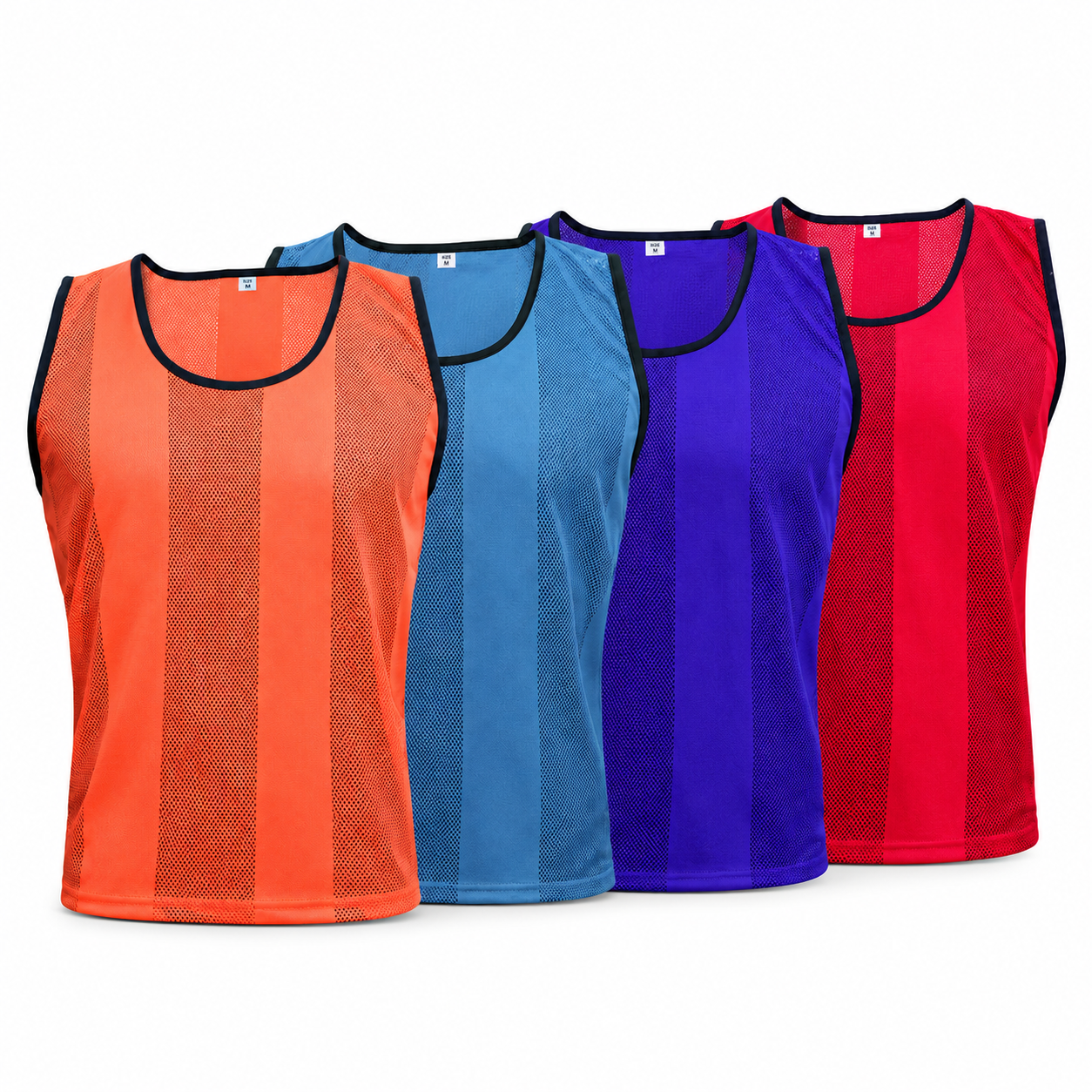 Soccer training vests collection in orange, blue, purple, and red. 