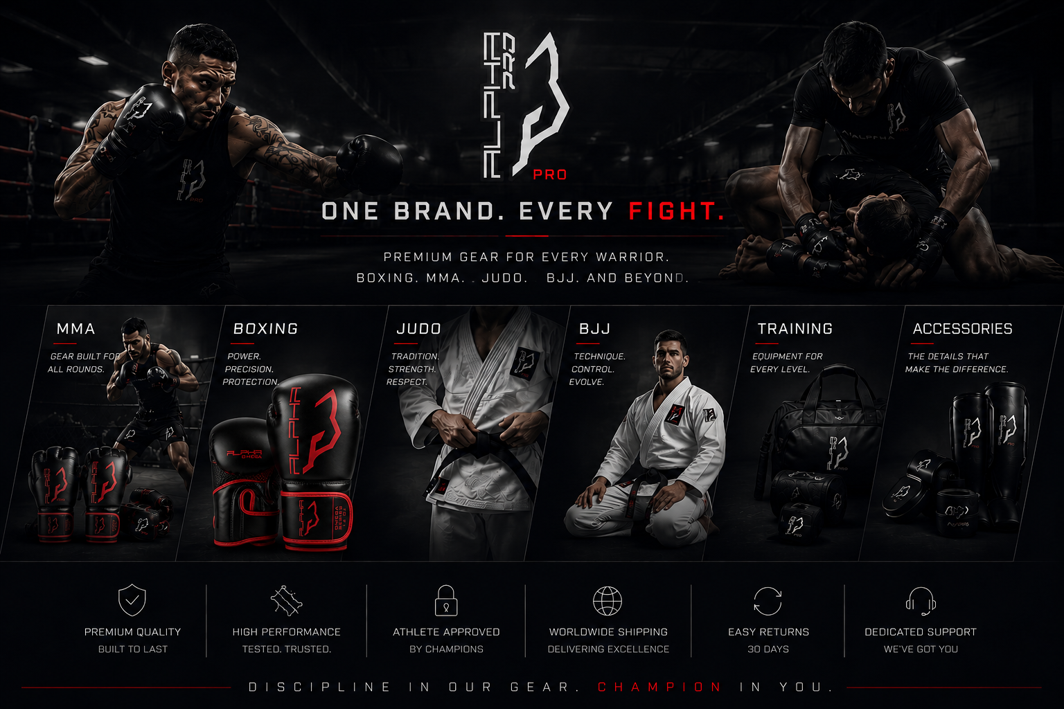 Advertisement for a sports gear brand with athletes and product images on a dark background.