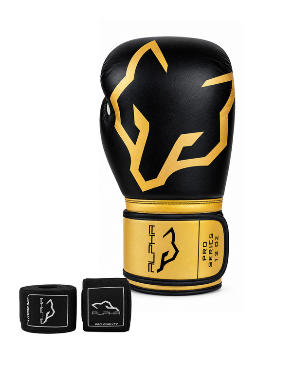 Champion Gold & Black Genuine Leather Boxing Gloves 12oz - Alpha Pro Series | Pro X Sports