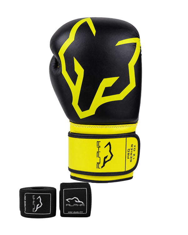 Strike Yellow & Black Genuine LeatheStrike Yellow & Black Genuine Leather Boxing Gloves 12oz - Alpha Pro Series | Pro X Sportsr Boxing Gloves 12oz - Alpha Pro Series | Pro X Sports
