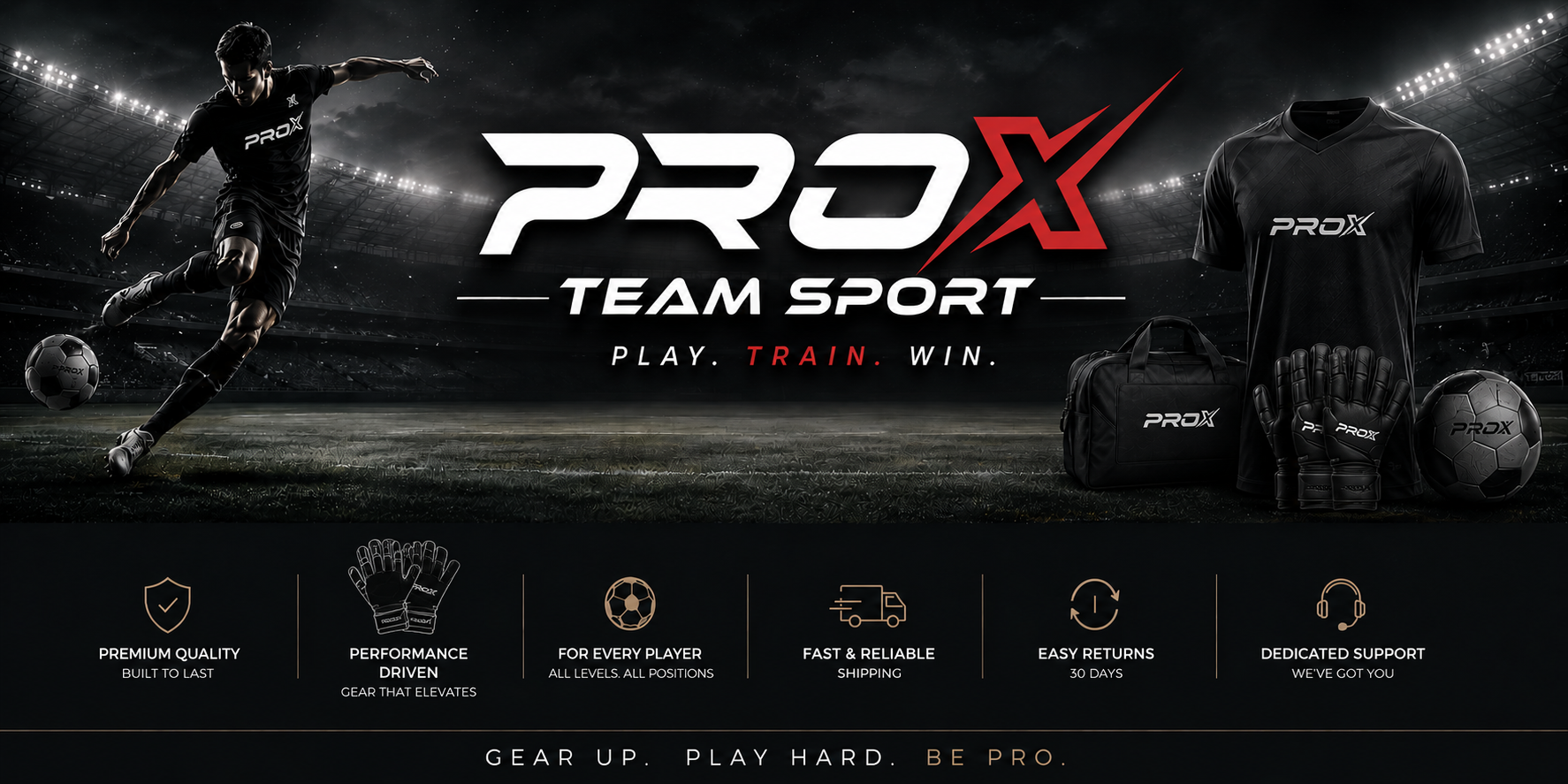 Promotional image for PROX Team Sport with a soccer player and sports equipment on a dark background.