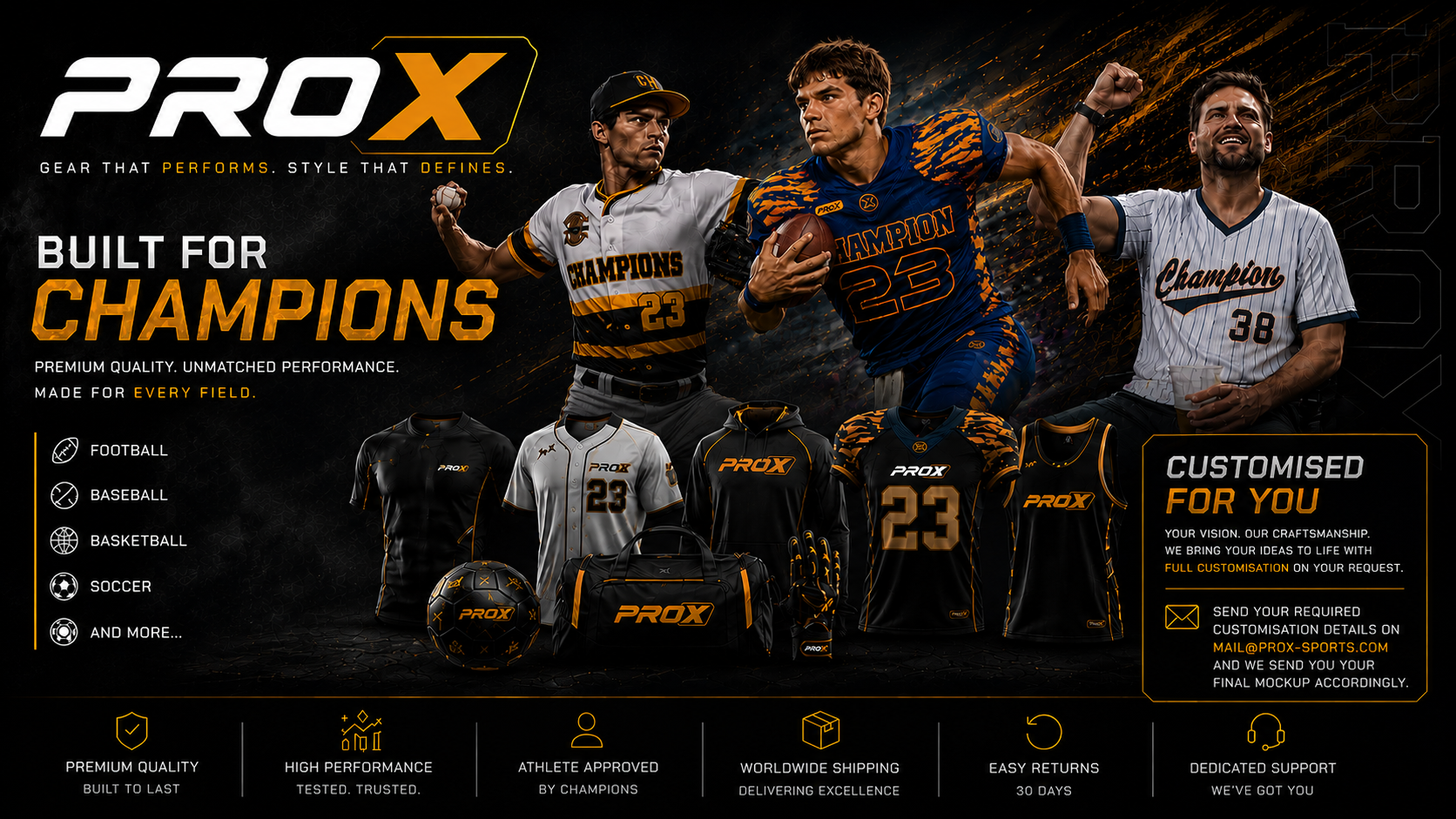 Promotional image of sports gear with 'PROX' branding and athletes in action poses.