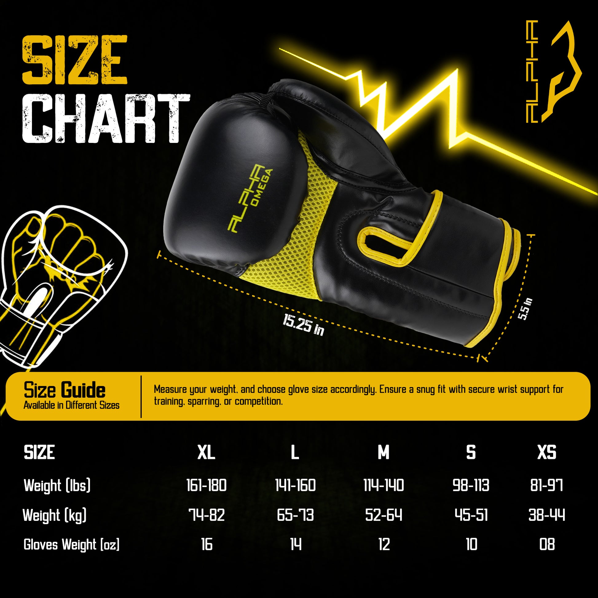 Alpha Omega boxing gloves sizing guide featuring yellow and black training gloves with measurements, size recommendations from XS to XL, and glove weight options from 8 oz to 16 oz.