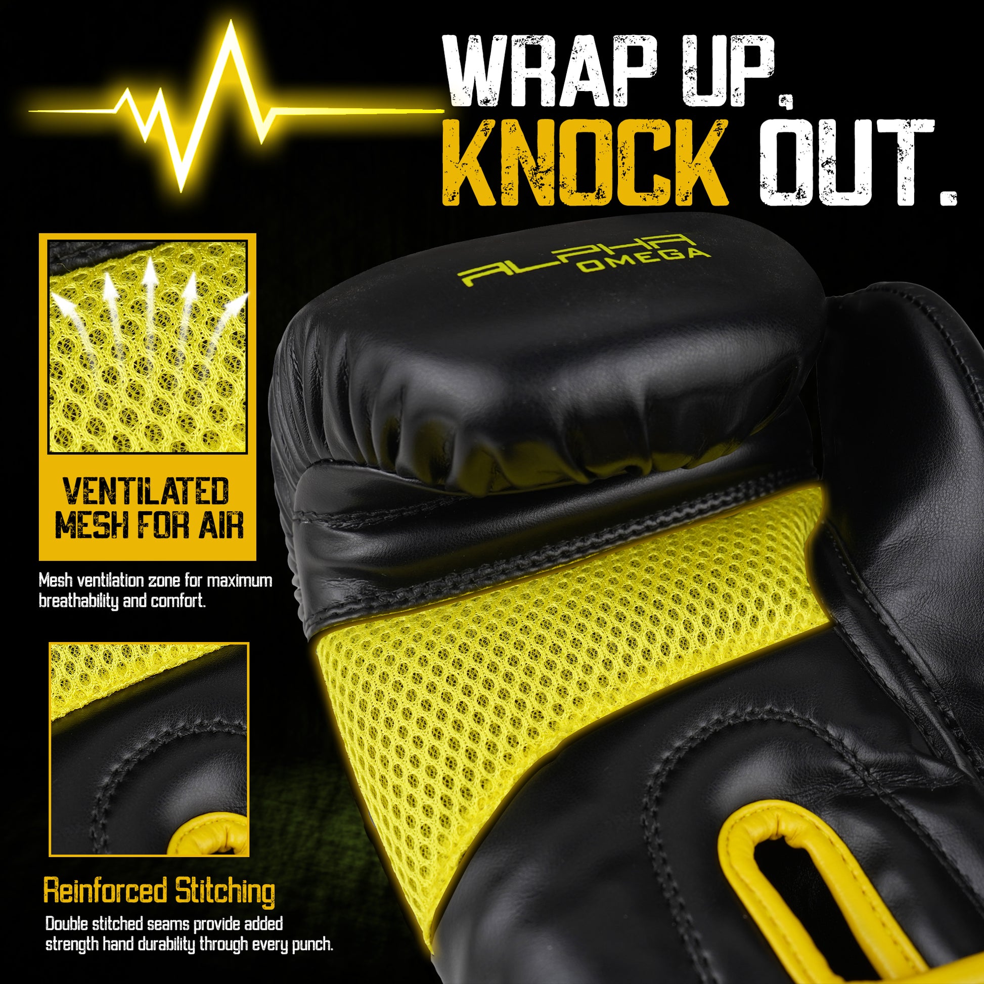 Close-up of Alpha Omega boxing glove with yellow mesh ventilation system, durable reinforced stitching, and ergonomic design for comfort and performance during training sessions.