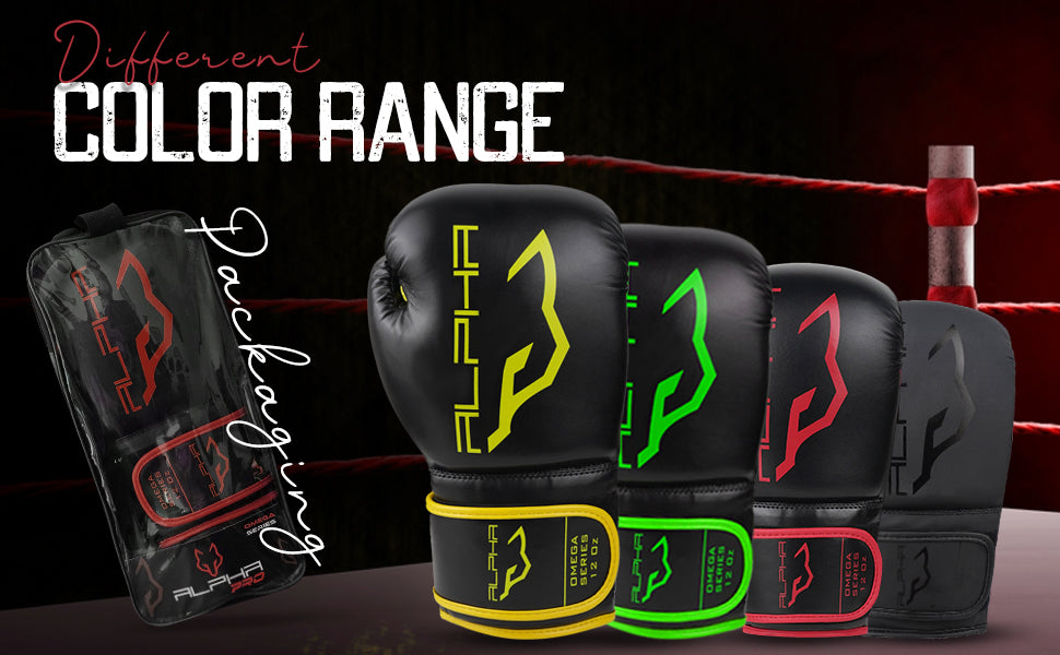 Multiple color variants of Alpha Omega premium training boxing gloves, including yellow, green, red, and black editions, showcased with product packaging in a boxing ring setting.