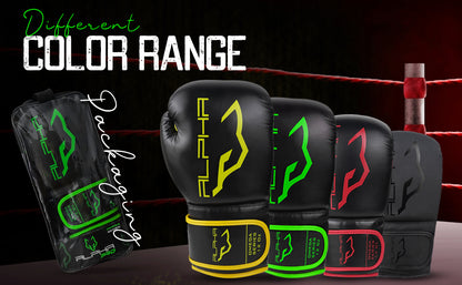 Alpha Omega green boxing gloves showcased alongside the full color range and protective carry bag, highlighting available color choices for training, sparring, and fitness boxing.