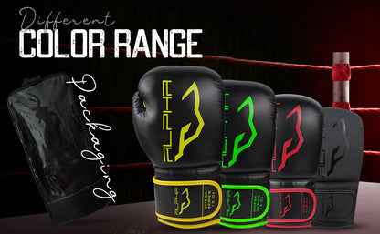 Alpha Omega training boxing gloves color range showcasing yellow, green, red, and black designs, complete with a protective carry bag for storage and transport.
