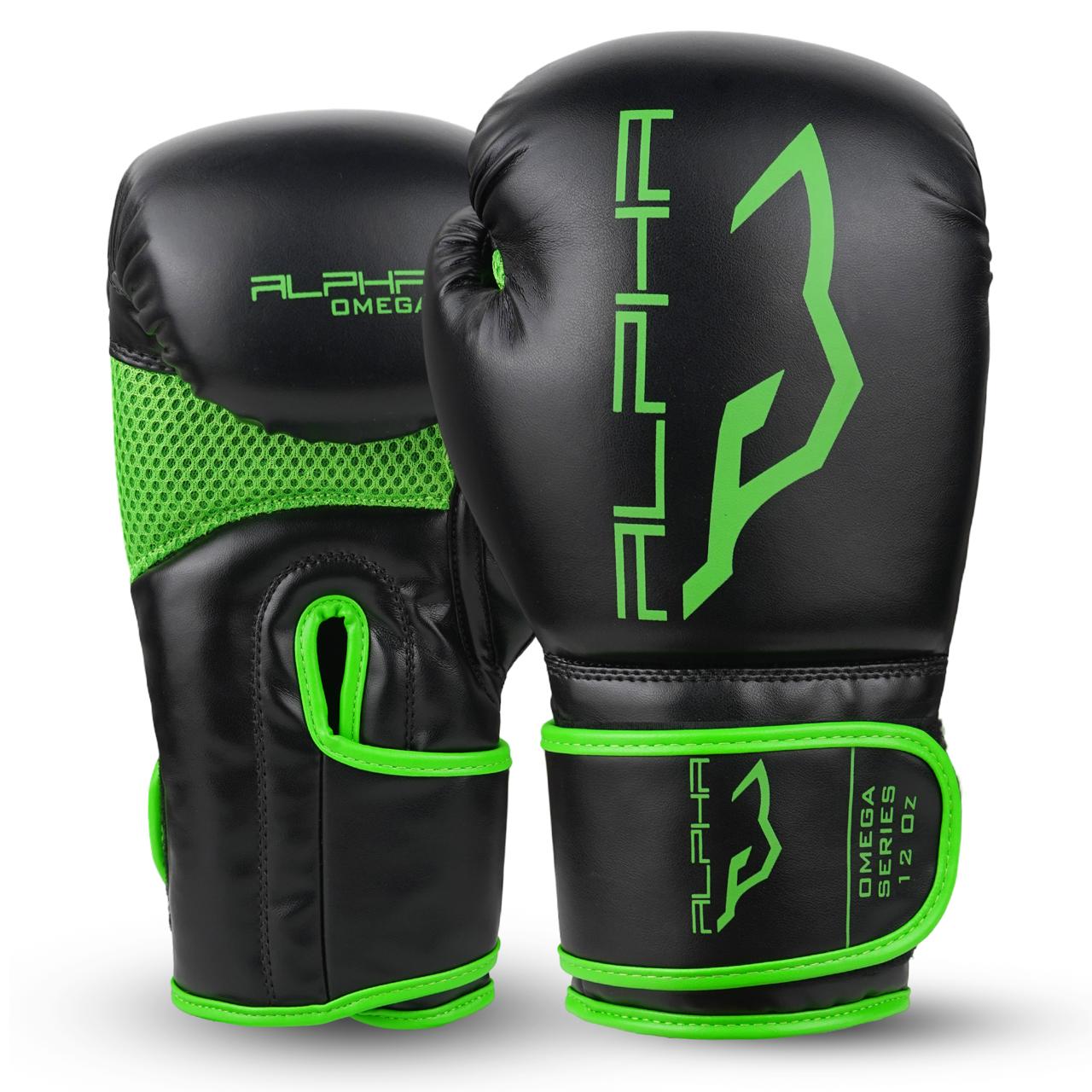 Alpha Omega Series 12 oz boxing gloves in black and neon green featuring ventilated mesh panels, ergonomic fit, shock-absorbing padding, and reinforced wrist support for boxing and fitness training.