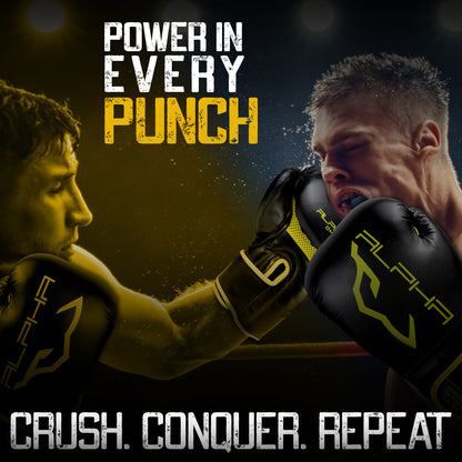 Premium Alpha Omega boxing gloves in yellow and black designed for powerful punches, shock absorption, hand protection, and combat sports performance.