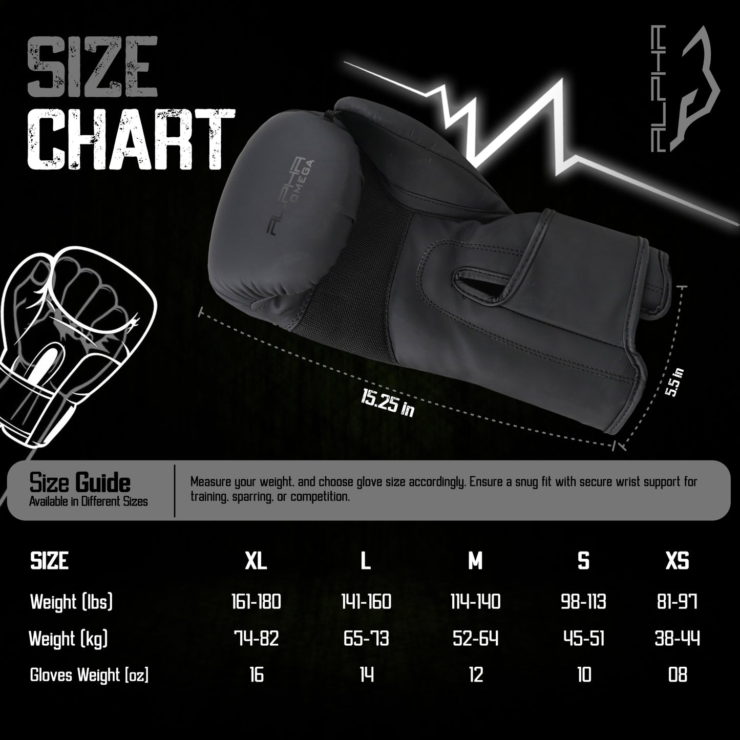 Use the Alpha Omega size chart to select the ideal boxing glove weight based on your body weight, ensuring proper fit, wrist support, comfort, and protection during training and sparring.