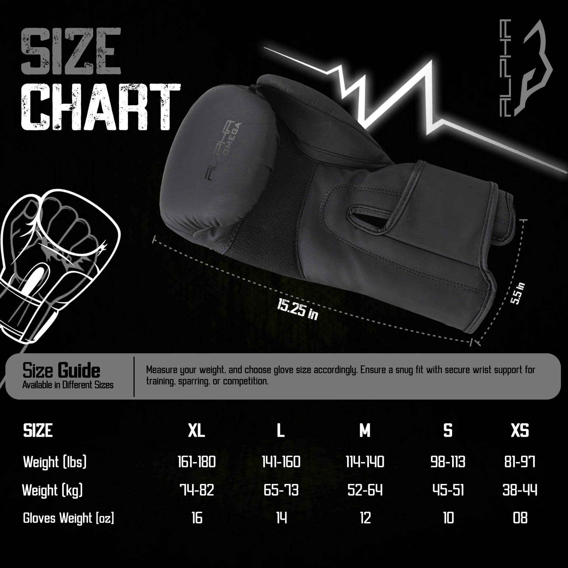 Use the Alpha Omega size chart to select the ideal boxing glove weight based on your body weight, ensuring proper fit, wrist support, comfort, and protection during training and sparring.