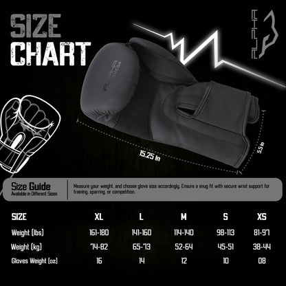 Use the Alpha Omega size chart to select the ideal boxing glove weight based on your body weight, ensuring proper fit, wrist support, comfort, and protection during training and sparring.