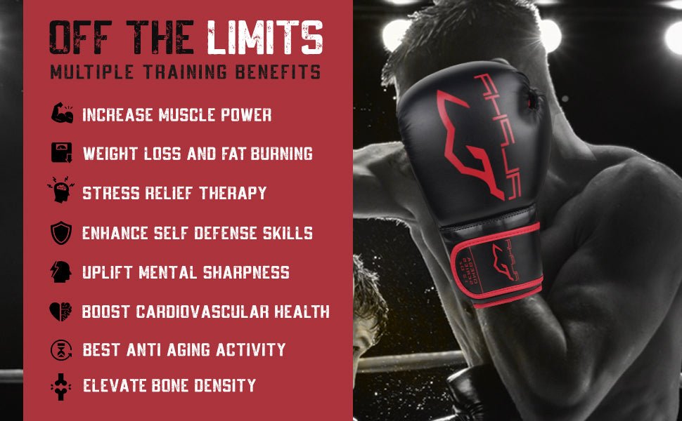 Boxer wearing Alpha Omega red boxing gloves during training, showcasing key boxing benefits such as increased strength, improved cardio health, weight management, stress reduction, enhanced coordination, and combat sports conditioning.