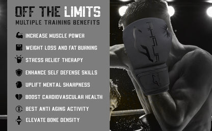 Boxer wearing Alpha Omega training boxing gloves during a workout, demonstrating the physical and mental benefits of boxing such as strength building, weight loss, endurance, and improved cardiovascular fitness.