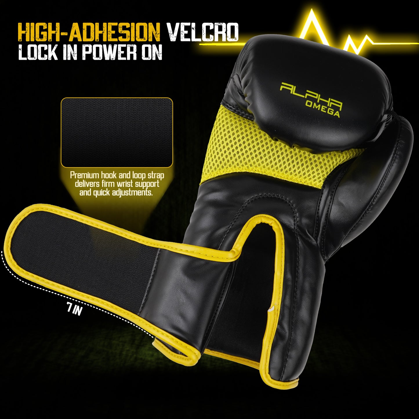 Close-up of Alpha Omega premium boxing glove featuring high-adhesion Velcro closure, ventilated mesh panel, and reinforced wrist wrap in black and yellow colorway.