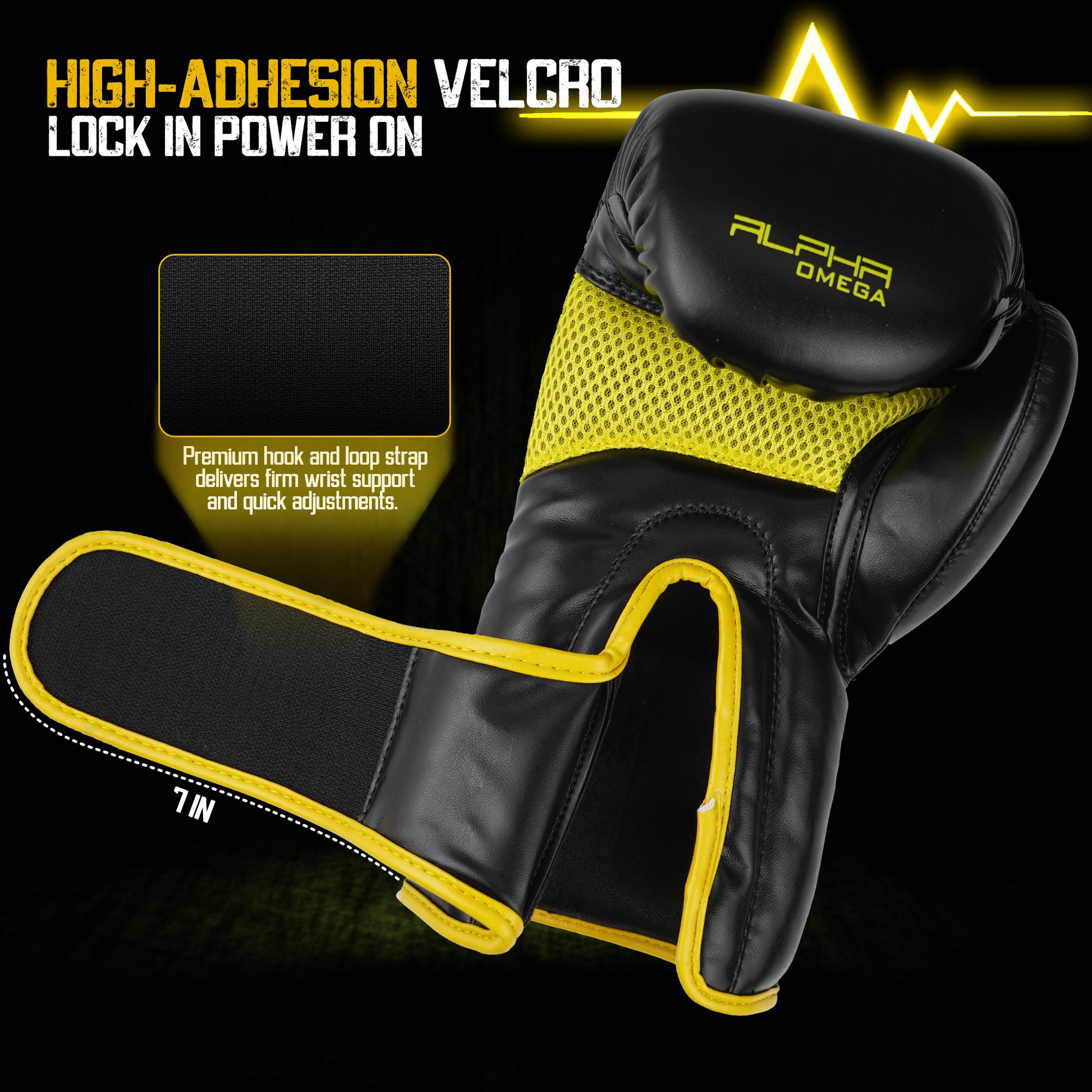 Close-up of Alpha Omega premium boxing glove featuring high-adhesion Velcro closure, ventilated mesh panel, and reinforced wrist wrap in black and yellow colorway.