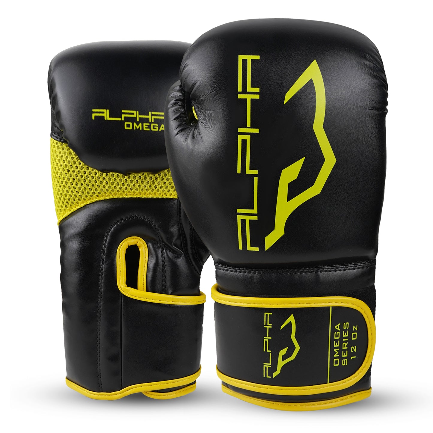 Pair of Alpha Omega boxing gloves in black and yellow colorway with breathable mesh ventilation, padded wrist wrap, and ergonomic design for training and sparring.