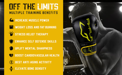 Premium Alpha Omega boxing gloves showcasing the health and fitness benefits of boxing training such as endurance, strength, stress relief, and improved cardiovascular health.