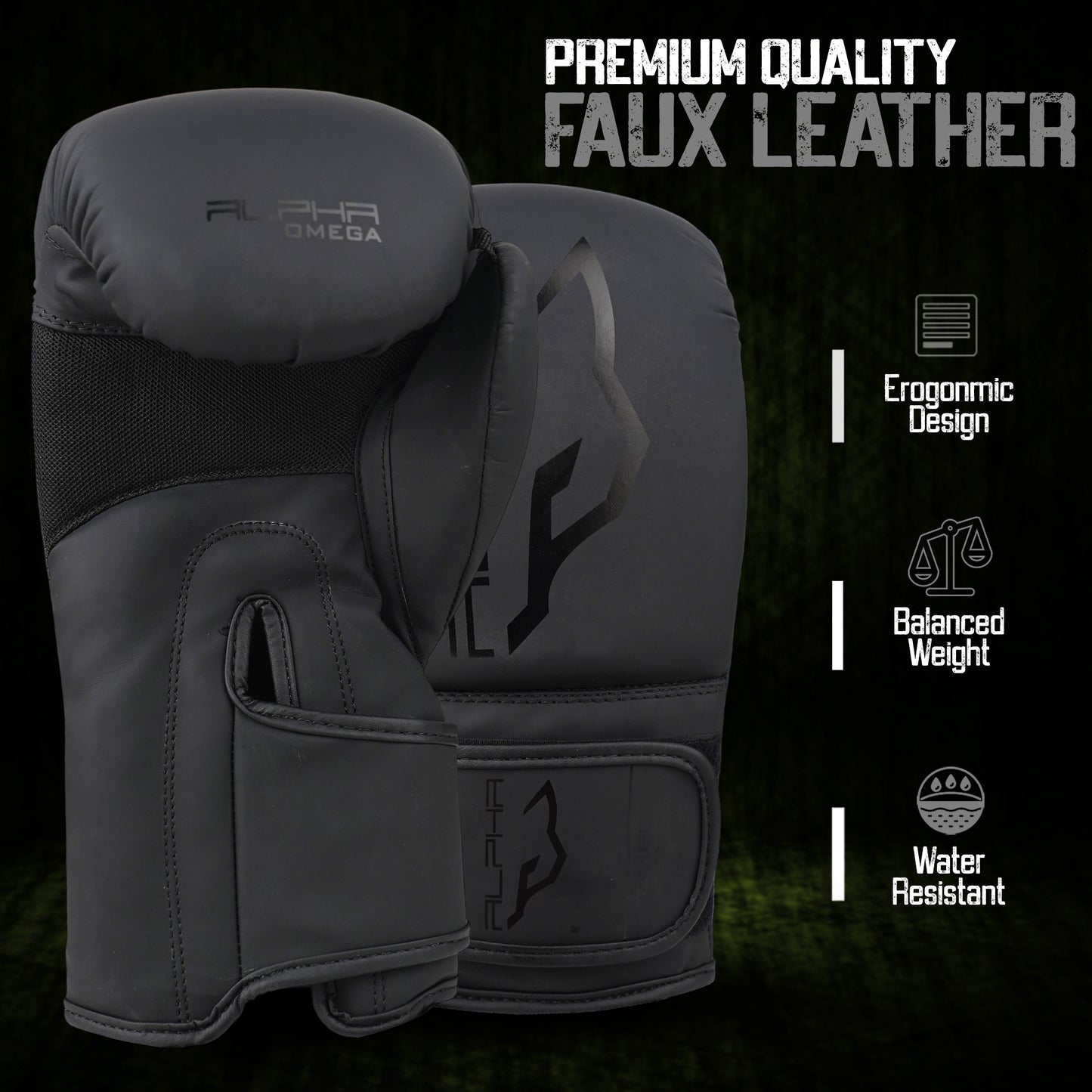Premium faux leather construction delivers durability, ergonomic comfort, balanced performance, and water-resistant protection for intense boxing training sessions.