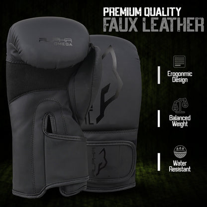 Premium faux leather construction delivers durability, ergonomic comfort, balanced performance, and water-resistant protection for intense boxing training sessions.