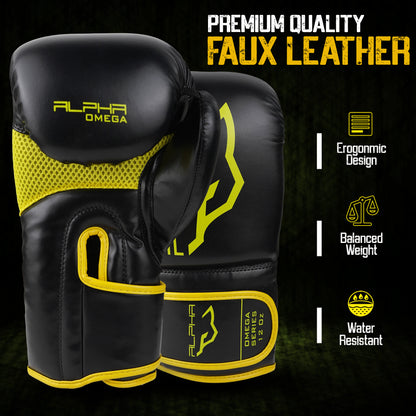 Premium Alpha Omega boxing gloves in black and yellow colorway with durable faux leather exterior, ventilated mesh airflow system, and ergonomic fit for training, fitness boxing, and kickboxing.