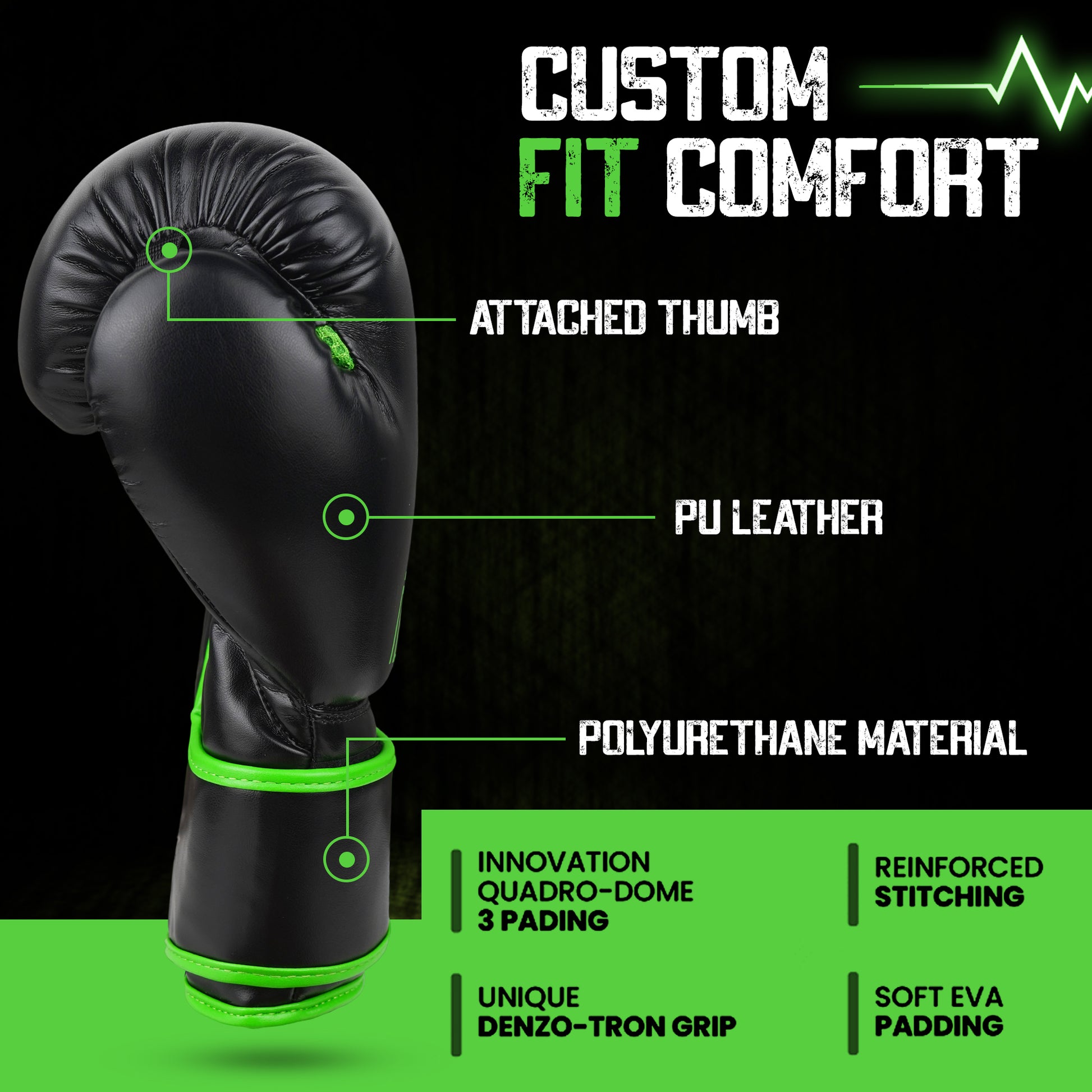 Side profile of Alpha Omega green boxing glove featuring an attached thumb for safety, ergonomic fit, polyurethane construction, soft EVA padding, and reinforced stitching for boxing, sparring, and heavy bag workouts.