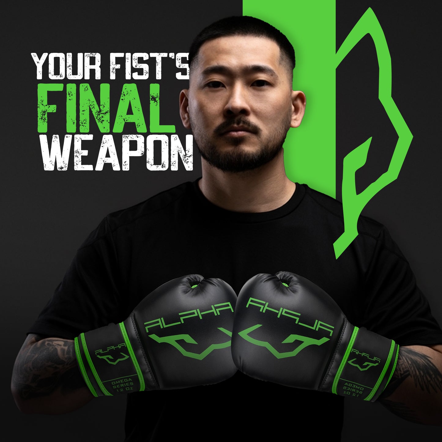 Alpha Omega green training boxing gloves featured with a fighter, highlighting durable construction, wrist support, shock absorption, and premium comfort for boxing, kickboxing, and fitness training.