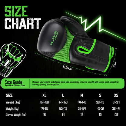 Size guide for Alpha Omega green boxing gloves with glove dimensions, weight recommendations, and sizing chart to help fighters choose the correct glove size for optimal fit, protection, and performance.