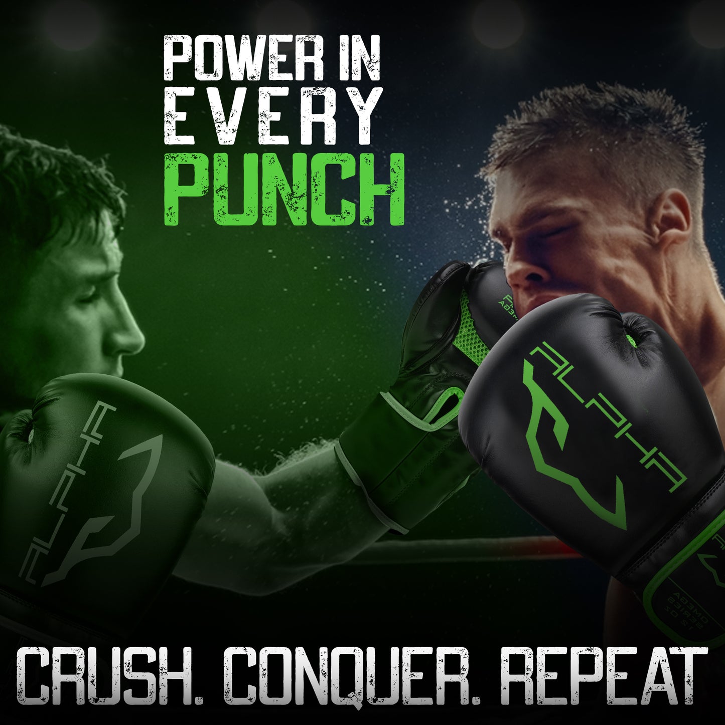 Boxers wearing Alpha Omega green training boxing gloves during an intense sparring session, showcasing durability, impact protection, comfort, and performance with every punch.