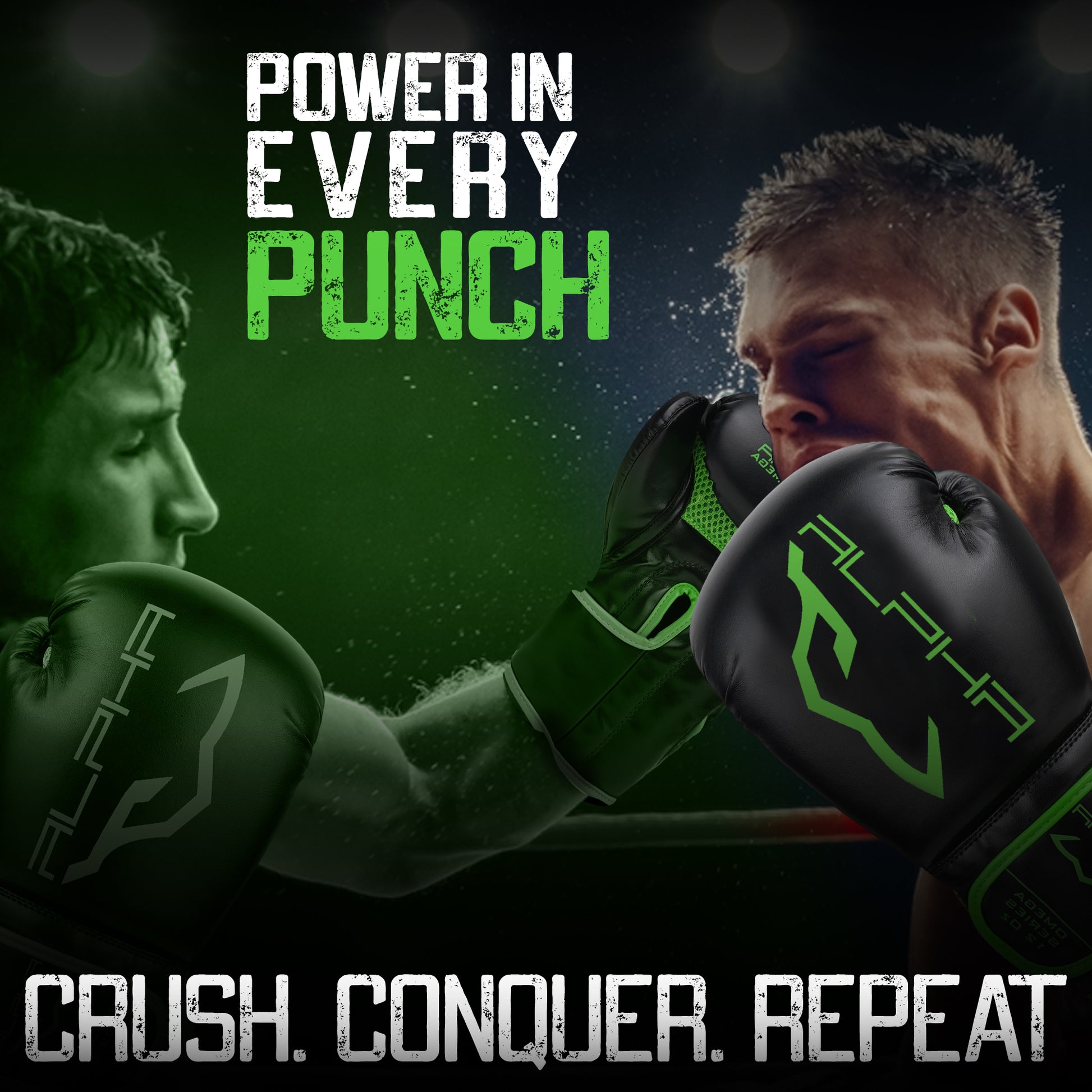Boxers wearing Alpha Omega green training boxing gloves during an intense sparring session, showcasing durability, impact protection, comfort, and performance with every punch.