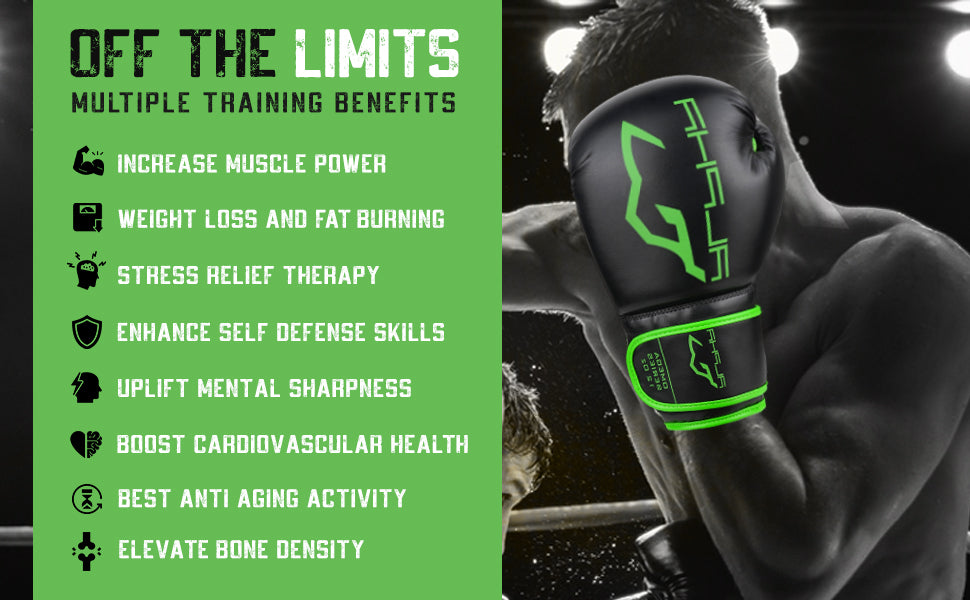 Boxer wearing Alpha Omega green boxing gloves during a workout, demonstrating the physical and mental benefits of boxing such as strength building, weight loss, endurance training, and cardiovascular fitness improvement.
