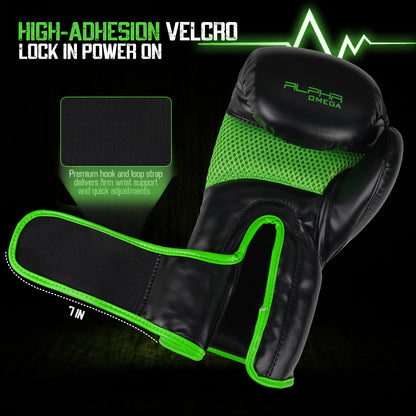 Close-up of Alpha Omega green boxing glove with premium 7-inch Velcro wrist closure, ventilated mesh panel, and reinforced wrist stabilization for boxing, kickboxing, and fitness training.
