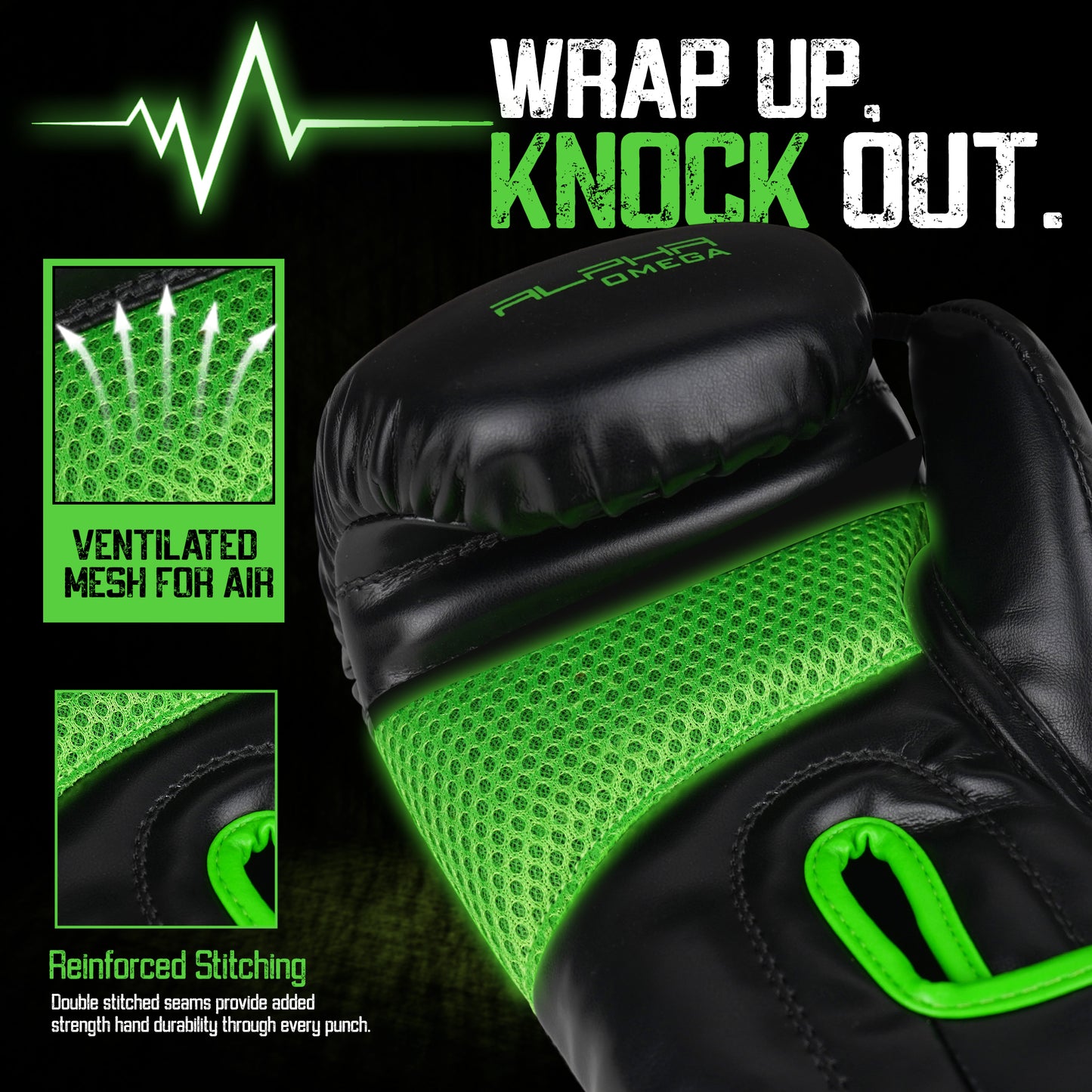 Close-up of Alpha Omega green boxing glove with breathable mesh ventilation, reinforced stitching, and premium construction for enhanced comfort, durability, and performance during combat sports training.