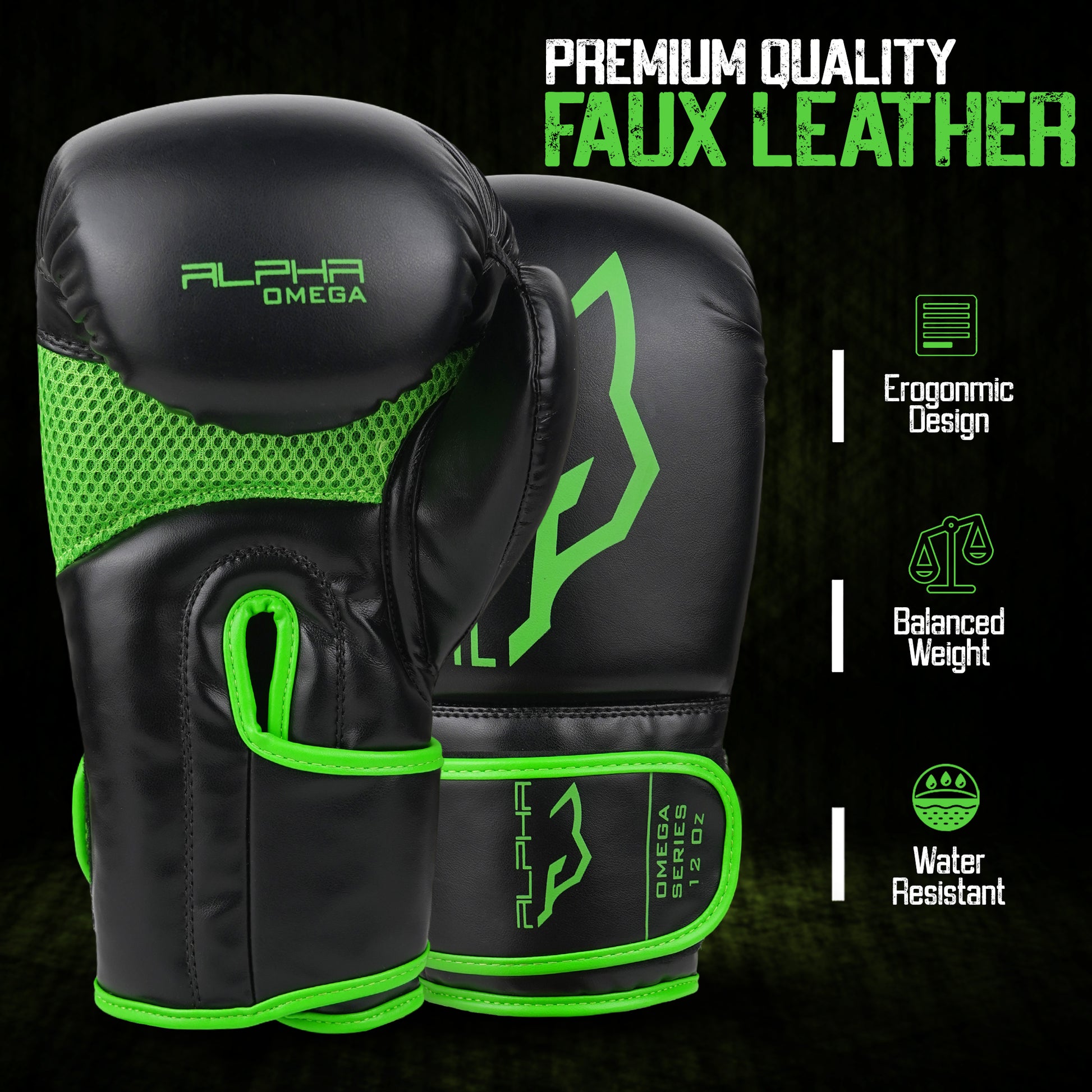 Premium Alpha Omega green boxing gloves made from durable faux leather with ergonomic fit, balanced weight, ventilated mesh panels, and water-resistant protection for boxing, kickboxing, and fitness training.