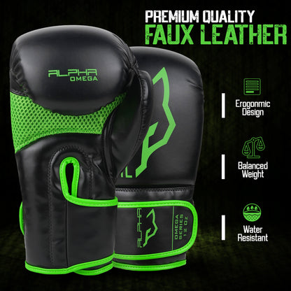 Premium Alpha Omega green boxing gloves made from durable faux leather with ergonomic fit, balanced weight, ventilated mesh panels, and water-resistant protection for boxing, kickboxing, and fitness training.