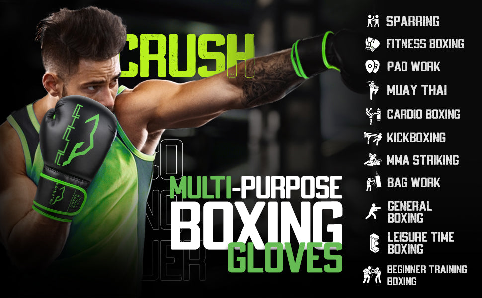 Athlete training with Alpha Omega green boxing gloves, showcasing versatile performance for sparring, cardio boxing, kickboxing, Muay Thai, bag work, and general boxing fitness training.