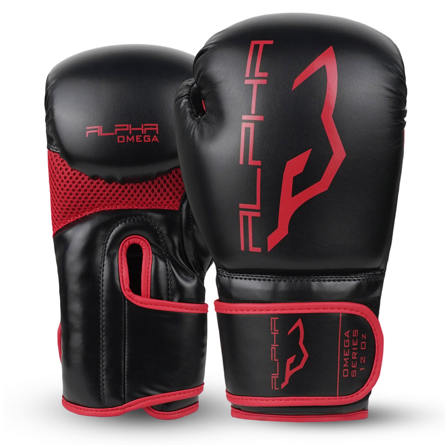 Alpha Omega Series 12 oz boxing gloves in black and red featuring ventilated mesh panels, ergonomic fit, shock-absorbing padding, and reinforced wrist support for boxing and fitness training.