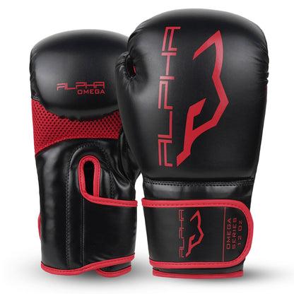 Alpha Omega Series 12 oz boxing gloves in black and red featuring ventilated mesh panels, ergonomic fit, shock-absorbing padding, and reinforced wrist support for boxing and fitness training.