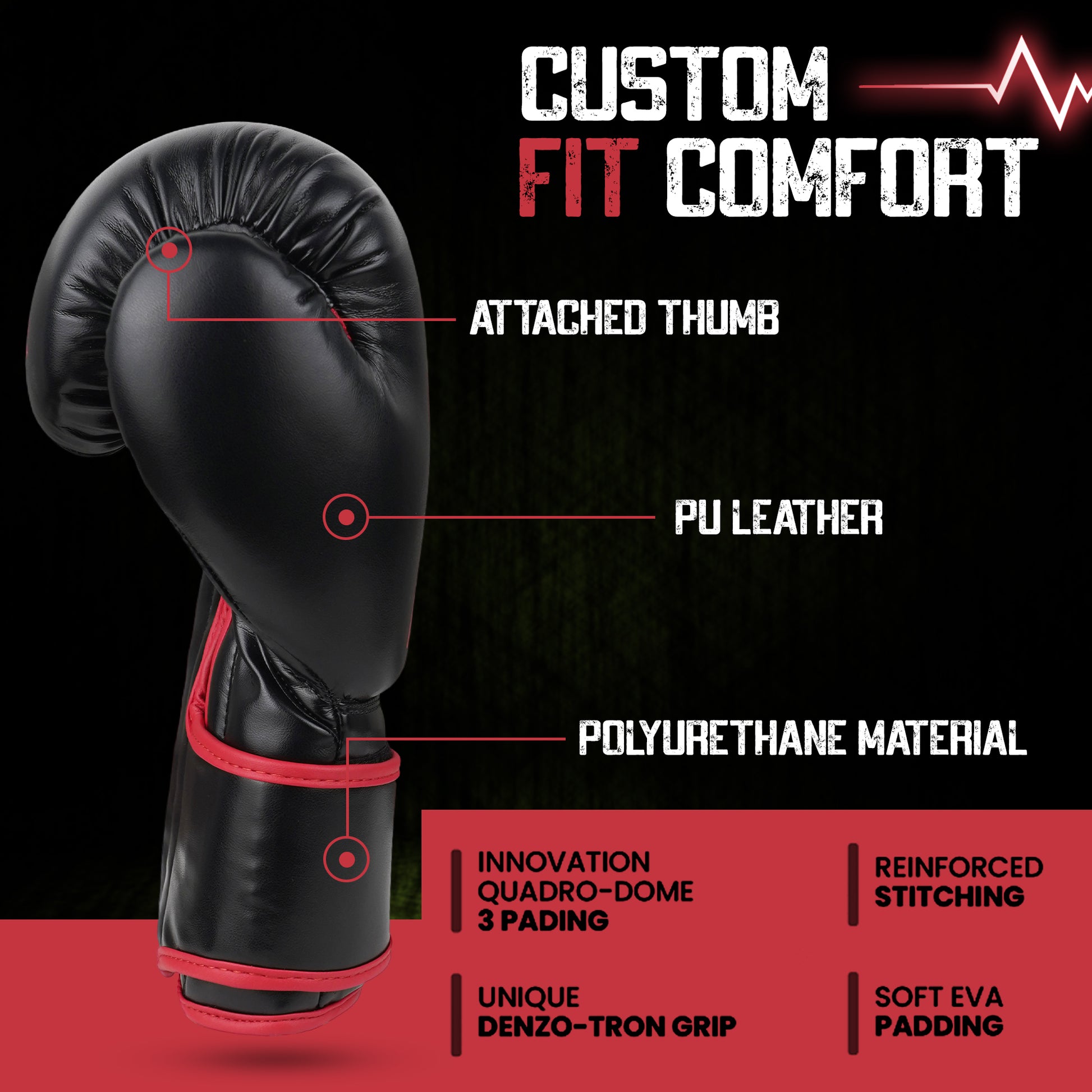Side profile of Alpha Omega red boxing glove highlighting attached thumb safety design, polyurethane material, ergonomic fit, reinforced stitching, EVA foam padding, and advanced hand protection for sparring and bag work.