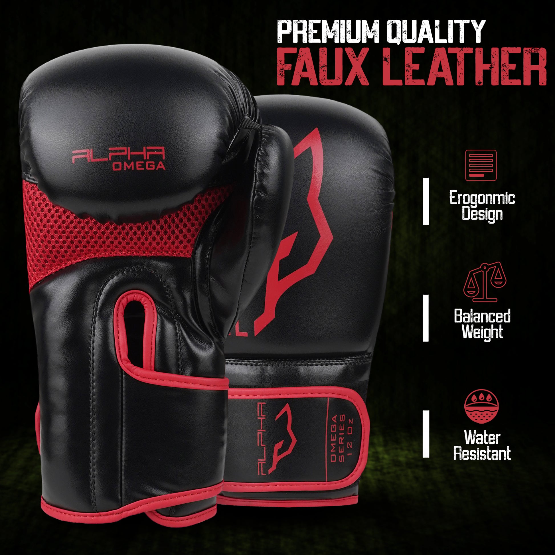 Premium red Alpha Omega boxing gloves with durable faux leather exterior, ventilated mesh hand compartment, ergonomic fit, balanced weight, and water-resistant performance for combat sports training.