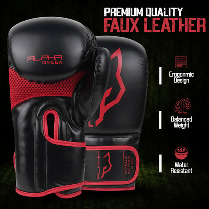 Premium red Alpha Omega boxing gloves with durable faux leather exterior, ventilated mesh hand compartment, ergonomic fit, balanced weight, and water-resistant performance for combat sports training.