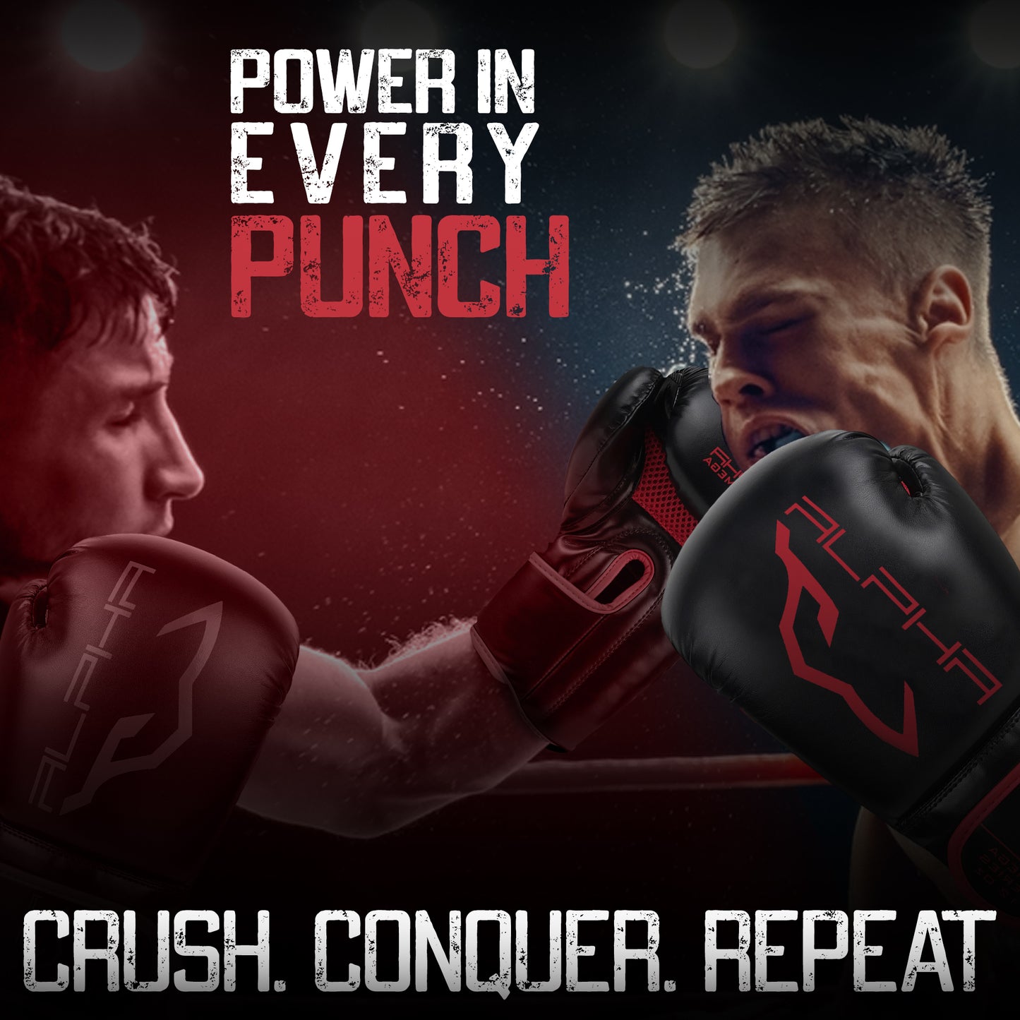 Boxer landing a punch while wearing Alpha Omega red boxing gloves, highlighting power, precision, hand protection, and high-performance training gear for boxing and fitness workouts.