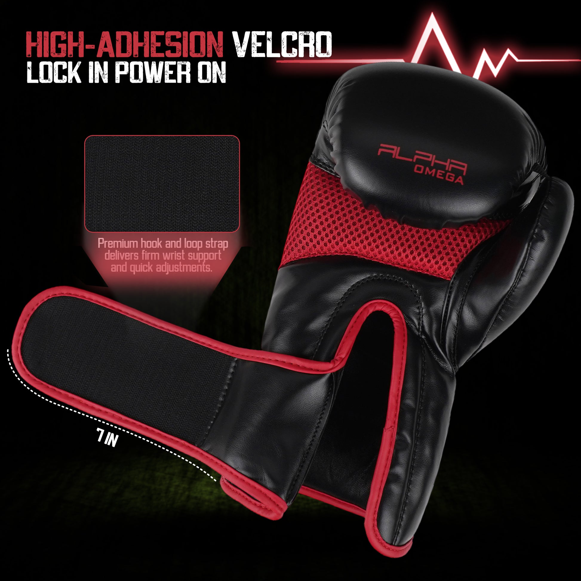 Close-up of Alpha Omega red boxing glove with premium 7-inch Velcro wrist closure, ventilated mesh panel, and reinforced wrist stabilization for boxing, kickboxing, and fitness training.