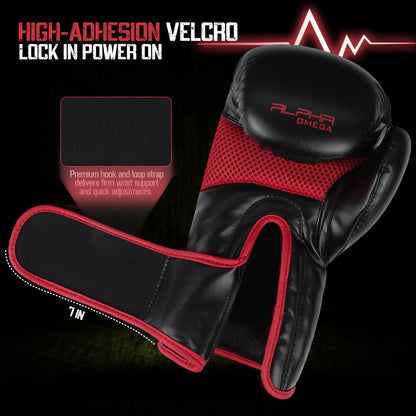 Close-up of Alpha Omega red boxing glove with premium 7-inch Velcro wrist closure, ventilated mesh panel, and reinforced wrist stabilization for boxing, kickboxing, and fitness training.