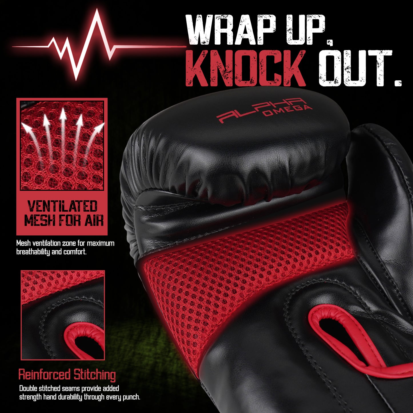 Close-up of Alpha Omega red boxing glove with breathable mesh ventilation, reinforced stitching, and premium construction for enhanced comfort, durability, and performance during combat sports training.