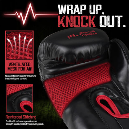Close-up of Alpha Omega red boxing glove with breathable mesh ventilation, reinforced stitching, and premium construction for enhanced comfort, durability, and performance during combat sports training.