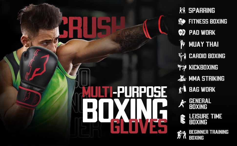 Athlete wearing Alpha Omega red boxing gloves during training, showcasing versatile gloves suitable for boxing, kickboxing, cardio boxing, Muay Thai, MMA striking, sparring, and heavy bag sessions.