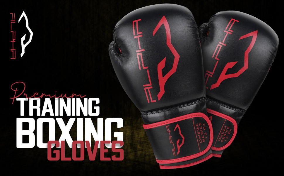 Pair of Alpha Omega red boxing gloves displayed against a dark background, showcasing premium training gloves designed for comfort, protection, durability, and performance during boxing and fitness training.