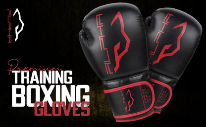 Pair of Alpha Omega red boxing gloves displayed against a dark background, showcasing premium training gloves designed for comfort, protection, durability, and performance during boxing and fitness training.